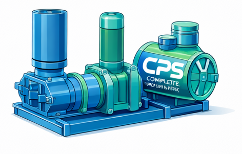 Cartoon-style blower and PD pump skid with CPS branding